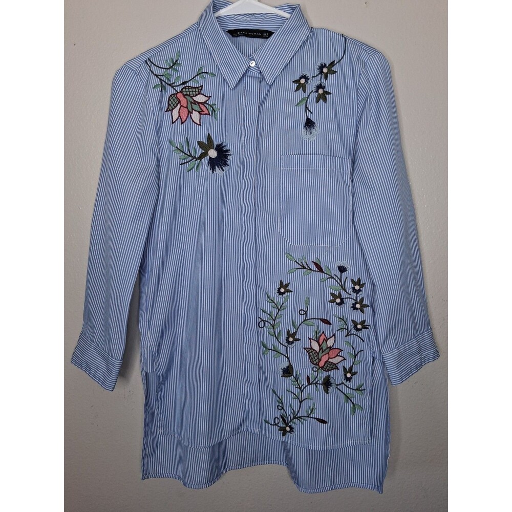 Zara Woman Blue Striped Shirt Floral Embroidered Hi-low Hem Button-up Boho Small